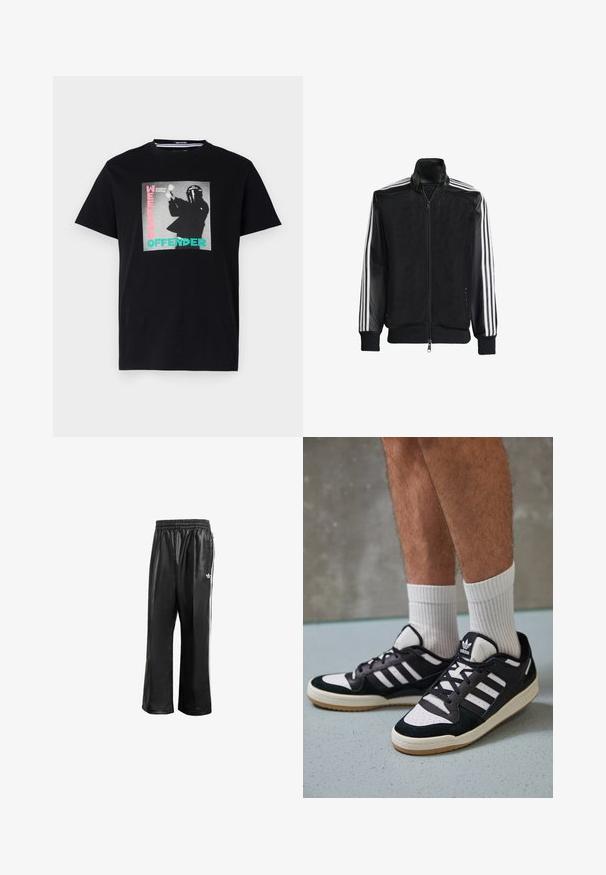 Czarna siateczkowa kurtka z zamkiem z przodu, z jednolitymi czarnymi rękawami i trzema białymi paskami wzdłuż ramion. Prążkowane mankiety i dół.; Czarna bawełniana koszulka z grafiką z napisem "WEEKEND OFFENDER" i "London Calling," podkreślonymi w kolorze turkusowym i różowym.; Czarne syntetyczne spodnie dresowe z elastycznym pasem, z białymi paskami po bokach i małym białym logo na lewym biodrze.; Czarno-białe sneakersy z zamszową i skórzaną cholewką, z trzema białymi paskami, perforowanym czubkiem i gumową podeszwą w kolorze gumy.