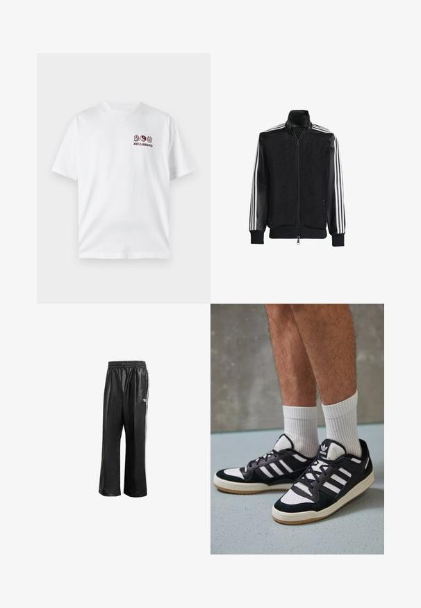 Μαύρο τζάκετ από δίχτυ με φερμουάρ μπροστά, με συμπαγή μαύρα μανίκια και τρεις λευκές ρίγες κατά μήκος των χεριών. Ριμπέ μανσέτες και στρίφωμα.; Λευκό βαμβακερό T-shirt με μικρό τυπωμένο σχέδιο σε μπορντώ χρώμα που απεικονίζει δέντρα, ένα σύμβολο γιν-γιανγκ και το κείμενο "BILLABONG" στην αριστερή πλευρά του στήθους.; Μαύρα συνθετικά παντελόνια προπόνησης με ελαστική μέση, με λευκές λωρίδες στο πλάι και ένα μικρό λευκό λογότυπο στην αριστερή γοφό.; Μαύρα και λευκά αθλητικά παπούτσια με άνω μέρος από σουέτ και δέρμα, featuring τρεις λευκές ρίγες, περατά δάχτυλα και σόλα από καουτσούκ τύπου γκαστ.