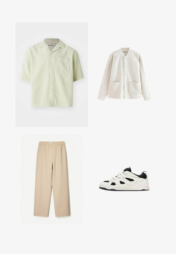 Crème-kleurige fleecejack met een ronde kraag, knopen aan de voorkant, twee voorzakken en een zachte textuur. Casual, relaxte pasvorm.; Korte mouwen shirt in lichtgroen met een streepjespatroon, één borstzak en knoopsluiting. Gemaakt van ademende stof met een ontspannen pasvorm.; Beige wijde broek met een elastische tailleband, gemaakt van zachte stof, met een gladde textuur en minimale stikdetails.; Witte en zwarte sportschoenen met een gestructureerde zool, voorzien van uitsnijdingen aan de zijkanten en veters, en een gevoerde achterkant voor ondersteuning.