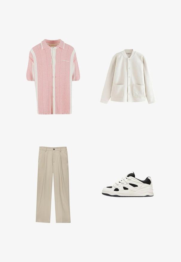 cremfarbene Fleecejacke mit rundem Kragen, Knopfleiste, zwei vorderen Taschen und weicher Textur. Lässiger, lockerer Schnitt.; Kurzärmelige Strickjacke mit einem pink-weißen Streifenmuster, ausgestattet mit einem Kragen und einer Frontknopfverschluss. Weicher, strukturierten Stoff.; Beige Hosen mit geradem Schnitt, ausgestattet mit einem einzelnen schwarzen Knopf, Gürtelschlaufen und Seitentaschen. Glatte Stofftextur und minimalistisches Design.; Weiß-schwarze Sportschuhe mit einer strukturierten Sohle, die auf der Seite ausgeschnittene Designs und Schnürsenkel aufweisen, sowie eine gepolsterte Ferse für Unterstützung.
