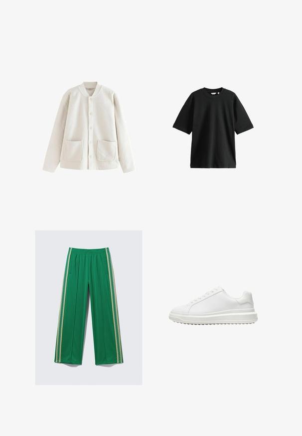 Jachetă din fleece de culoare crem, cu guler rotund, închidere cu nasturi, două buzunare frontale și o textură moale. Croială lejeră, de stil casual.; Tricou negru cu mânecă scurtă, din bumbac, cu un guler rotund și o croială lejeră, având o textură moale și detalii minime.; Pantaloni largi verzi din material neted, cu talie elastică și dungi laterale galbene contrastante cu model zigzag.; Adidași albi cu un upper sintetic neted, vârf rotund, șireturi plate, talpă texturată și un design pe straturi, oferind un plus de înălțime.