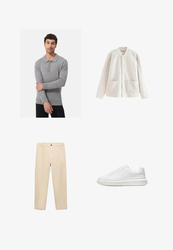 Crème-kleurige fleecejack met een ronde kraag, knopen aan de voorkant, twee voorzakken en een zachte textuur. Casual, relaxte pasvorm.; Grijze polo met lange mouwen van zacht materiaal, met een kraag, knoopsluiting en ribgebreide manchetten en zoom.; Beige, casual broeken gemaakt van een zachte stof; heeft een elastische tailleband, zijzakken en een rechte pijp.; Witte sneaker met een glad synthetisch bovenwerk, ronde neus, platte veters, gestructureerde zool en een gelaagd, platformontwerp voor extra hoogte.