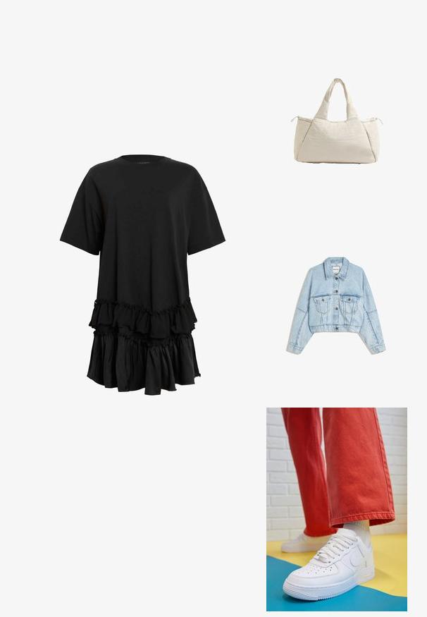 Jachetă din denim cropped de culoare albastru deschis, cu două buzunare la piept, închidere cu nasturi și guler ascuțit. Prezintă cusături vizibile și o croială lejeră.; Rochie neagră, cu mânecă scurtă, confecționată dintr-un material neted, având volănașe la tiv pentru un plus de textură și o siluetă relaxată.; Tenis alb din piele cu fanta pe vârful piciorului, talpă texturată și șireturi albe, purtat cu pantaloni larga roșii și un fundal albastru și galben.; Geantă de tote bej matlasată, cu mânere duble, textură moale și închidere cu fermoar pe o parte. Formă simplă, rotunjită și detalii de design minimale.