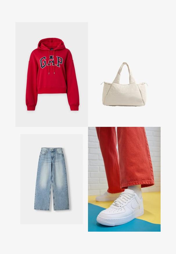 Giacca di jeans cropped blu chiaro con due tasche sul petto, chiusura con bottoni e colletto a punta. Presenta cuciture visibili e una vestibilità rilassata.; Felpa corta rossa in cotone con logo ricamato "GAP" in blu navy e dettaglio a forma di cuore. Include un cordino e maniche lunghe.; Jeans a gamba larga in denim blu chiaro con vita alta, caratterizzati da una finitura sbiadita, cinque tasche e una vestibilità dritta.; Sneaker bianco in pelle con punta perforata, suola testurizzata e lacci bianchi, abbinati a pantaloni rossi larghi e uno sfondo blu e giallo.; Borsa tote trapuntata beige con doppio manico, texture morbida e chiusura con zip su un lato. Forma semplice e arrotondata con dettagli di design minimali.