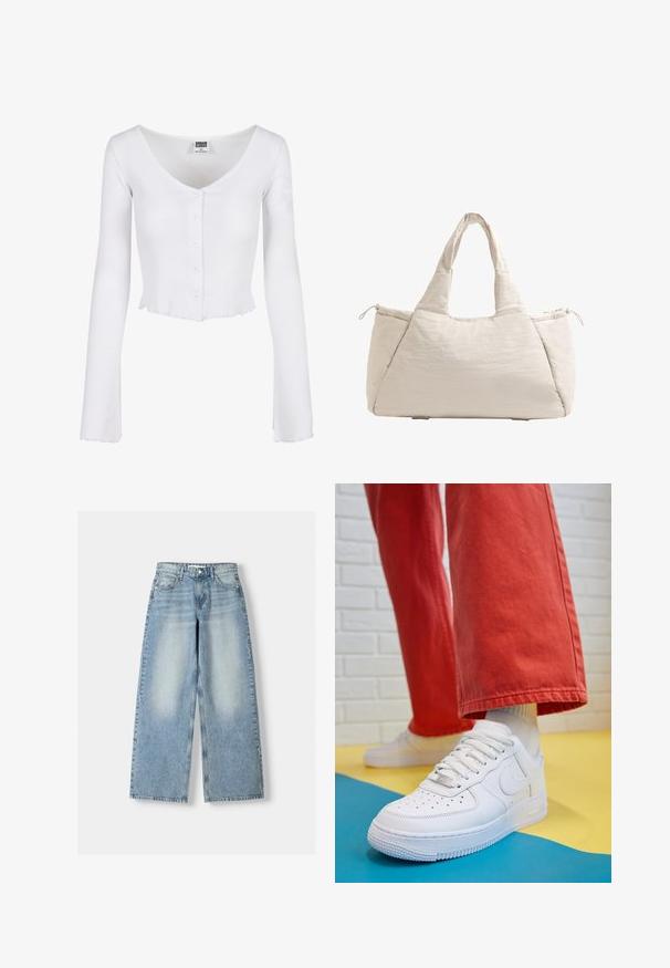 Giacca di jeans cropped blu chiaro con due tasche sul petto, chiusura con bottoni e colletto a punta. Presenta cuciture visibili e una vestibilità rilassata.; Top corto a maniche lunghe bianco a coste con scollatura a V profonda, dettagli con bottoni lungo il davanti e orlo scallop. Realizzato in tessuto morbido e elasticizzato.; Jeans a gamba larga in denim blu chiaro con vita alta, caratterizzati da una finitura sbiadita, cinque tasche e una vestibilità dritta.; Sneaker bianco in pelle con punta perforata, suola testurizzata e lacci bianchi, abbinati a pantaloni rossi larghi e uno sfondo blu e giallo.; Borsa a tote beige trapuntata con due manici, forma arrotondata, tessuto testurizzato e tasca laterale con coulisse. Finitura liscia, design minimale.