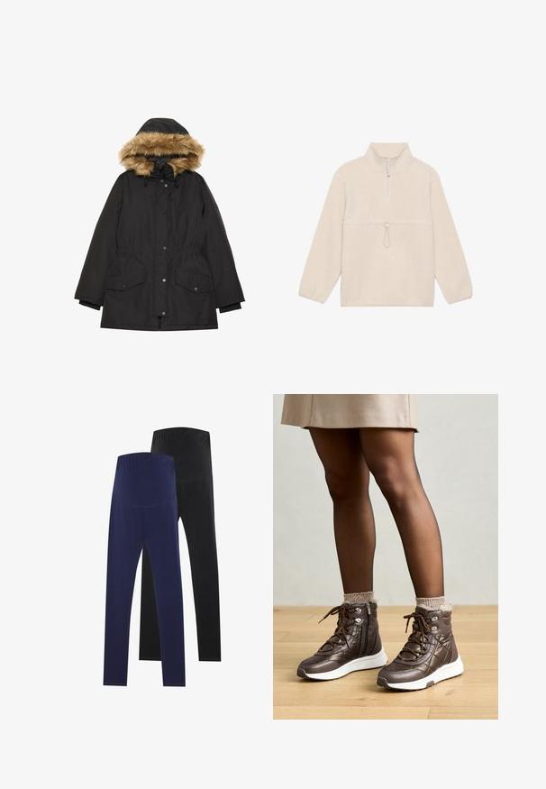 Melnas parka jakas ar kažokā apšūtu kapuci, elastīgu jostasvietu, diviem priekšējiem kabatām un pogu aizdari. Gluda tekstūra un ikdienišķs dizains.; Fleece puloveris off-white krāsā, ar pus-zipa apkakli, garām piedurknēm un priekšējo kabatu ar auklu regulēšanai. Mīksta tekstūra.; Divas divas legingi, viens tumši zils un otrs melns, ar gludu tekstūru un augstu jostasvietu, nodrošinot drošu pieguļošanu.; Anna Field Puszābaki ar platformu - brown