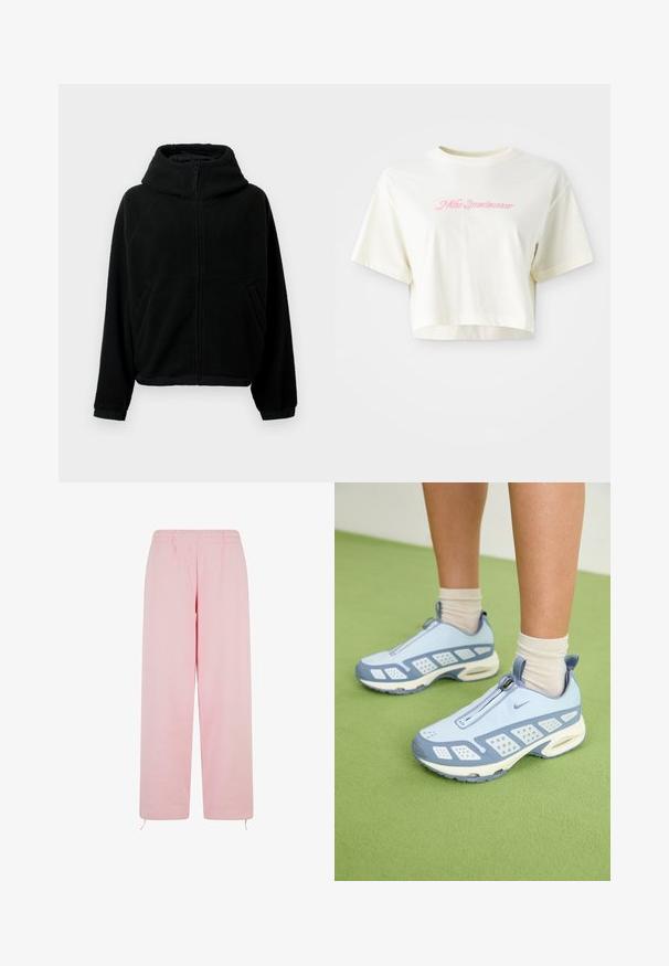 Black fleece jacket with full front zipper, high collar, long sleeves, elastic cuffs, and two side pockets.; Cropped, cream-colored t-shirt made of cotton. Features a pink embroidered logo that reads "Nike Sportwear." Short sleeves and a round neckline.; Light pink sweatpants made of soft fabric, featuring an elastic waistband, straight leg design, and adjustable drawstrings at the hem.; Light blue athletic shoes with white accents, textured panels, and a zip closure. Features a visible air cushioning sole and rubber outsole.