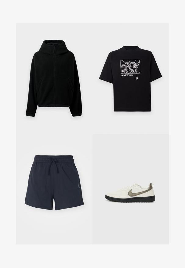 Giacca in pile nera con zip frontale completa, colletto alto, maniche lunghe, polsini elasticizzati e due tasche laterali.; Maglietta nera in cotone con maniche corte. Presenta una grafica e un logo a ragnatela bianca sul davanti. Scollo rotondo semplice.; Shorts sportivi navy realizzati in tessuto traspirante, dotati di un cinturino elastico con cordino e un piccolo logo.; Nike Sportswear FIELD GENERAL - Sneakers basse - off-white/black
