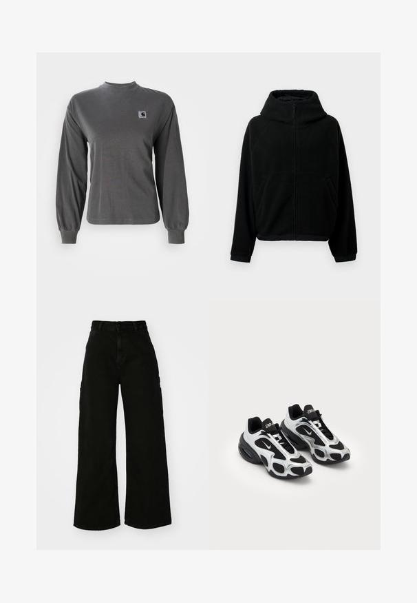 Must musta jope täis esisepp, kõrge kraega, pikad varrukad, elastsete mansettidega ja kahe küljetaskuga.; Pikkade varrukatega hall t-särk, mis on valmistatud puuvillast, ümmarguse kaelusega ja elastsete mansettidega, rinnal väike ruudukujuline logo.; Must musta laiad jõhkrad püksid, mis on valmistatud denimist, kõrge vöökoha, esise nupu sulgemise ja küljetaskutega. Sile tekstuur minimaalse õmblusega.; Musta ja hõbedane spordijalats, millel on võrgusilmast ja sünteetilisest materjalist ülemine osa, iseloomuliku lainelise disainiga ja pehmendav kaelus, samuti õhuküte talla sees.