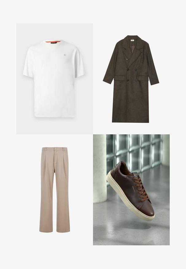 Tamsiai rudos vilnos mišinio dvigubos eilės ilgasis paltas, su įpjovimu apykakle, dviem priekinėmis kišenėmis ir juodais mygtukais. Lygus paviršius.; Rudas megztinis su tekstūrine raštu, ribotu apykaklės kraštu ir ilgomis rankovėmis. Pagamintas iš minkštos, šiltos medžiagos.; Balta trumpa rankovėmis kreminio kaklo marškinėliai su mažu subtiliu logotipu kairėje krūtinės pusėje ir oranžiniu akcentu apykaklėje.; Smėlio spalvos klostuoti kelnės, pagamintos iš lygios medžiagos, su tiesia kojų forma, savyje turinčios mygtuką ir subtilius siuvimo elementus.; Rudos odos sportbačiai su apvaliu pirštu, rudomis raištelėmis ir kreminės spalvos guma. Skiriamieji ženklai minimalūs, esančių šone.