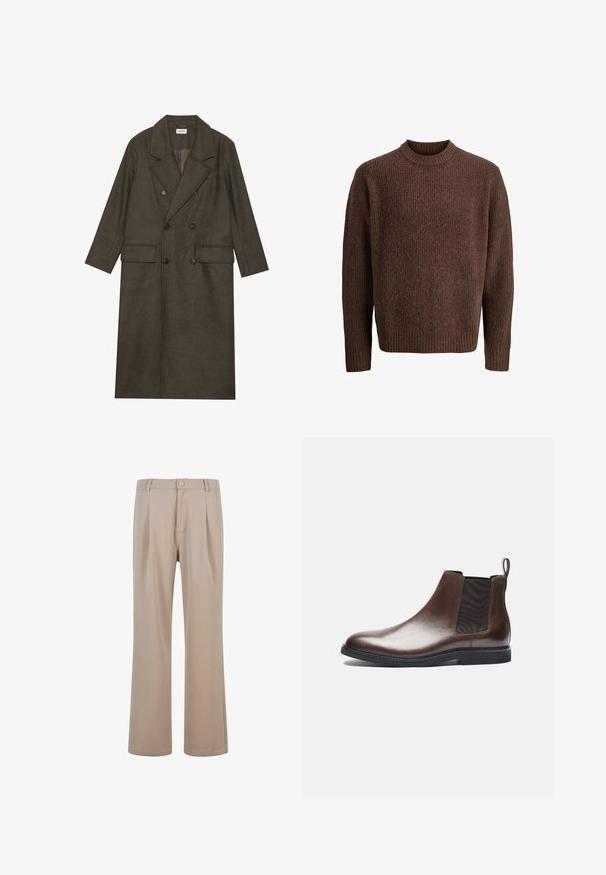 Dlouhý dvouřadý kabát v tmavě hnědé vlněné směsi, s klopovým límcem, dvěma předními kapsami a černými knoflíky. Hladká textura.; Hnědý pletený svetr s texturovaným vzorem, žebrovaným kulatým výstřihem a dlouhými rukávy. Vyrobeno z měkkého a teplého materiálu.; Béžové plisované kalhoty vyrobené z hladkého materiálu s rovnými nohavicemi, s knoflíkovým zapínáním a jemnými švy.; Zign LEATHER - Kotníkové boty - brown