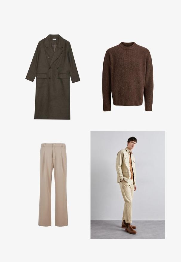 Tumepruun viljasegu topeltkooler, millel on nurgeline krae, kaks esist taskut ja mustad nööbid. Sile tekstuur.; Pruunist kudumist kampsunit, millel on tekstuur, ribiga ümar kaelus ja pikad varrukad. Valmistatud pehmest ja soojast materjalist.; Bežid plisseeritud püksid, mis on valmistatud siledast kangast ja omavad sirget sääre disaini, millel on nööpkinnitus ja peened õmblusdetailid.; Beež puuvillane jakk kahe rinnataskuga pruunil särgil ja vastavates beežides pükstes. Pruunid nahast paeltega saapad täiendavad riietust.