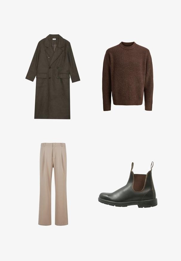 Dwurzędowy długi płaszcz z ciemno-brązowej mieszanki wełny, z wyłogowym kołnierzem, dwiema przednimi kieszeniami i czarnymi guzikami. Gładka tekstura.; Brązowy sweter dzianinowy z teksturowanym wzorem, z dzianinowym okrągłym dekoltem i długimi rękawami. Wykonany z miękkiego, ciepłego materiału.; Beżowe spodnie plisowane wykonane z gładkiego materiału, ze prostymi nogawkami, z zapięciem na guzik i subtelnymi detalami w szwie.; Botki Chelsea wykonane z gładkiej czarnej skóry, z brązowymi elastycznymi panelami bocznymi, kontrastowym przeszyciem i teksturowaną gumową podeszwą.