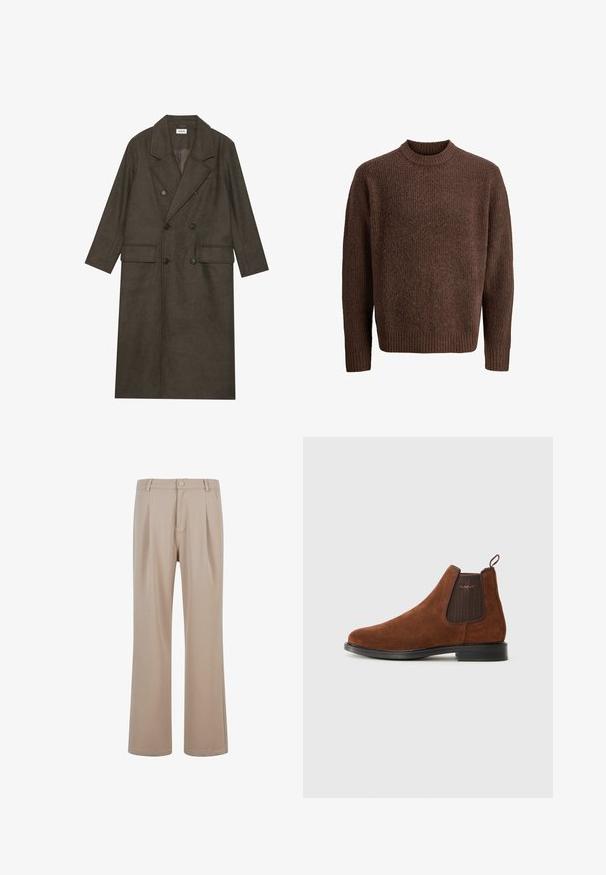 Dwurzędowy długi płaszcz z ciemno-brązowej mieszanki wełny, z wyłogowym kołnierzem, dwiema przednimi kieszeniami i czarnymi guzikami. Gładka tekstura.; Brązowy sweter dzianinowy z teksturowanym wzorem, z dzianinowym okrągłym dekoltem i długimi rękawami. Wykonany z miękkiego, ciepłego materiału.; Beżowe spodnie plisowane wykonane z gładkiego materiału, ze prostymi nogawkami, z zapięciem na guzik i subtelnymi detalami w szwie.; Brązowe zamszowe botki typu Chelsea z elastycznym panelem bocznym, pętelką z tyłu, czarną podeszwą i subtelnym logo "GANT" na bocznym panelu.