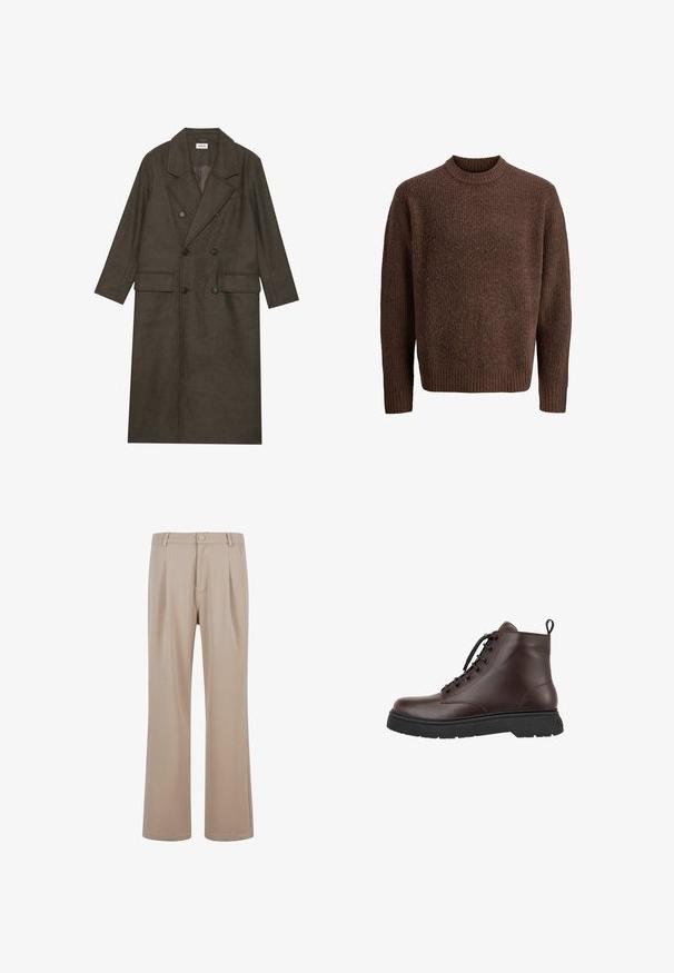 Divkrūtais garais mētelis tumši brūnā vilnas maisījumā ar izgriezumu apkakli, divām priekšējām kabatām un melnām pogām. Gluda tekstūra.; Brūns adīts džemperis ar teksturētu rakstu, ribota apaļa kakla izgriezuma un garām piedurknēm. Izgatavots no mīksta, siltuma saglabājoša materiāla.; Beige plisētās bikses, izgatavotas no gludas auduma ar taisna kāju dizainu, ar pogu aizdari un smalkām diegu detaļām.; Brūnas ādas potīšu zābaki ar apaļu purngalu, šņorēšanas dizainu, melnu gumijas zoli un cilpu uz papēža. Gluda virsma un minimālas šuvju detaļas.