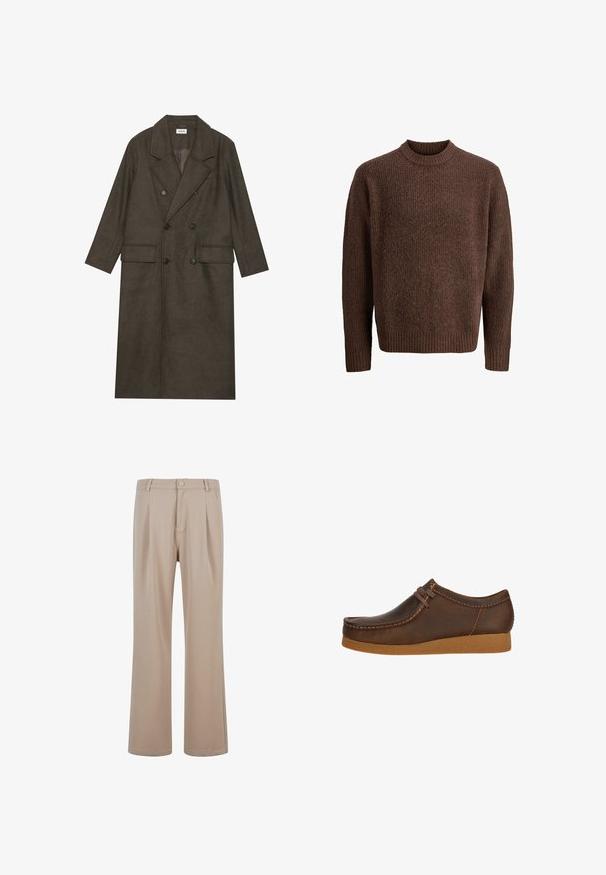 Cappotto lungo doppiopetto in misto lana marrone scuro, con colletto a revers, due tasche frontali e bottoni neri. Texture liscia.; Maglione lavorato a maglia marrone con un motivo testurizzato, scollatura a girocollo a costine e maniche lunghe. Realizzato in materiale morbido e caldo.; Pantaloni beige a pieghe realizzati in tessuto liscio con un design a gamba dritta, caratterizzati da una chiusura con bottone e dettagli di cucitura discreti.; Scarpa in pelle marrone con punta arrotondata e dettagli cuciti, dotata di un laccio marrone e una suola in gomma beige testurizzata.