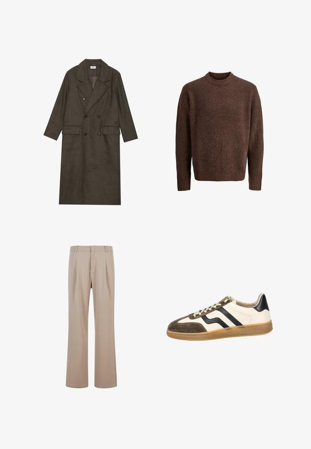 Tumepruun viljasegu topeltkooler, millel on nurgeline krae, kaks esist taskut ja mustad nööbid. Sile tekstuur.; Pruunist kudumist kampsunit, millel on tekstuur, ribiga ümar kaelus ja pikad varrukad. Valmistatud pehmest ja soojast materjalist.; Bežid plisseeritud püksid, mis on valmistatud siledast kangast ja omavad sirget sääre disaini, millel on nööpkinnitus ja peened õmblusdetailid.; Sneenkerid, millel on kreemivärvi nahk ülemine osa, pruuni nubukist nina ja mustad triibulised aktsentid. Tekstureeritud kummitald, mis on kellelgi kummivärvi. Lame sidumisnöör.