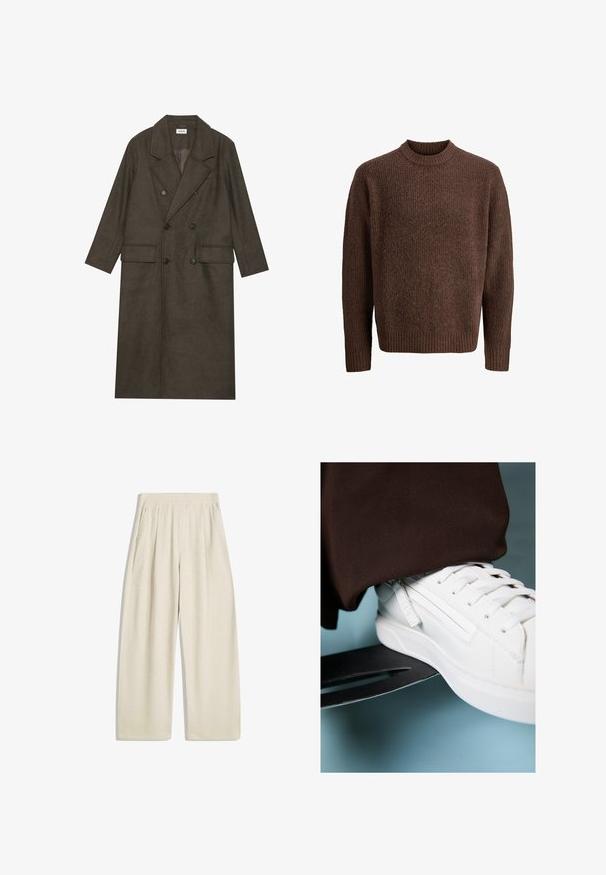 Dvogubni dugi kaput od tamnosmešane vune, s izrezanim ovratnikom, dvama prednjim džepovima i crnim dugmadi. Glatka tekstura.; Smeđi pleteni pulover s teksturiranim uzorkom, rebrastim izrezom i dugim rukavima. Izrađen od mekane, tople tkanine.; Široke hlače svijetlosmeđe boje, s vertikalnom rebrastom teksturom, nabranim detaljima na struku i bočnim džepovima.; Bijela kožna tenisica s teksturiranom površinom, ravnim vezicama i bočnim oznakama, smještena na metalnom skateboardu na plavoj pozadini.