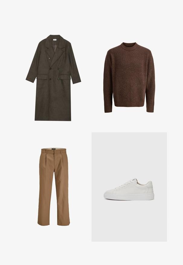 Manteau long à double boutonnage en mélange de laine brun foncé, avec un col à revers, deux poches avant et des boutons noirs. Texture lisse.; Pull en tricot marron avec un motif texturé, encolure ras du cou côtelée et manches longues. Fabriqué en matériau doux et chaud.; Pantalon marron en tissu lisse, avec une coupe droite, des plis à l'avant et des passants de ceinture. Pas de motifs ni d'accents visibles.; Baskets blanches en cuir, à tige basse, avec un bout rond, une semelle en caoutchouc blanc plate et des détails de couture minimalistes. Lacets maintenus par six œillets.