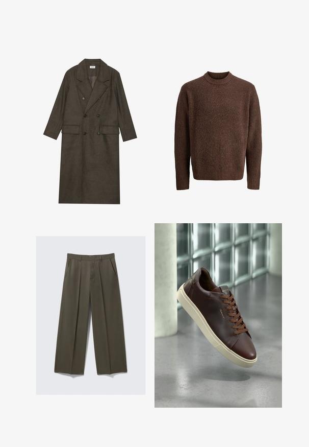 Tumepruun viljasegu topeltkooler, millel on nurgeline krae, kaks esist taskut ja mustad nööbid. Sile tekstuur.; Pruunist kudumist kampsunit, millel on tekstuur, ribiga ümar kaelus ja pikad varrukad. Valmistatud pehmest ja soojast materjalist.; Laiene sääred oliivrohelised püksid, valmistatud siledast kangast. Omavad eespool taskut, lamedat esiossa ja õmmeldud voldid struktuuri jaoks.; Pruun nahast toss, millel on ümar varvas, pruunid paelad ja beež kummitald. Külgedel on minimaalne brändimine.