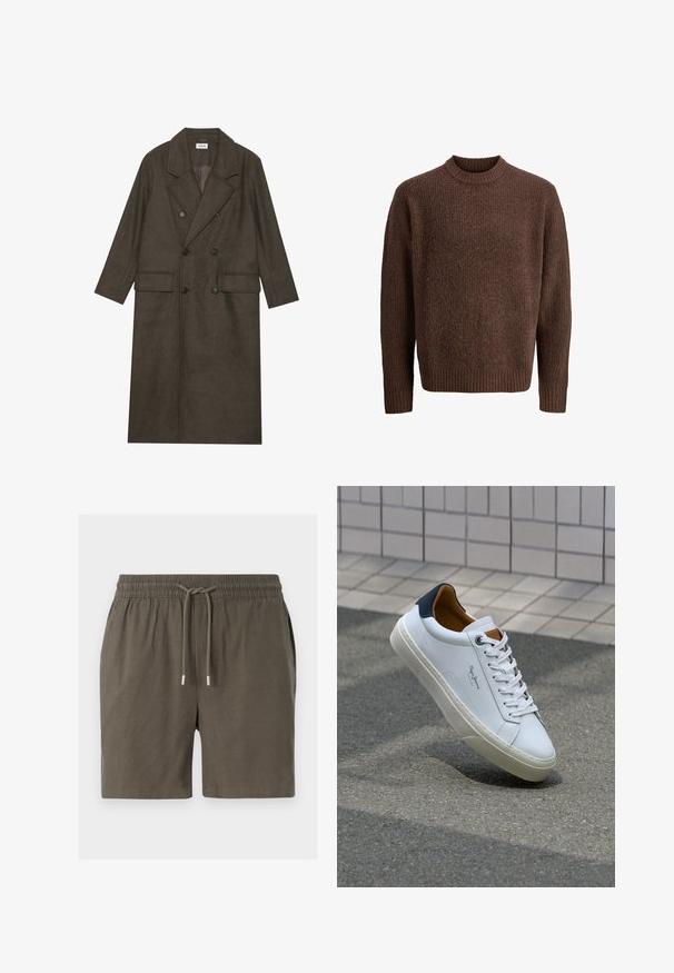 Dubbelt knäppt lång kappan i en mörkbrun ullblandning, med en spetsig krage, två framfickor och svarta knappar. Slät textur.; Brun stickad tröja med ett strukturerat mönster, ribbad rundad halsringning och långa ärmar. Tillverkad av mjukt, varmt material.; Mörkgröna shorts med elastisk midja, snörning och en slät, lätt textur. Inga synliga fickor eller mönster.; Vita lädersneakers med en marinblå häl, rund tå och kontrasterande bruna detaljer. Har plana snören och en texturerad gummisula.