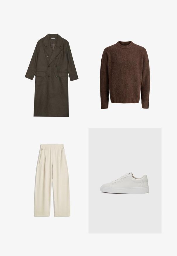 Dvojredno obloženi dolg plašč v temno rjavi mešanici volne, z obreženim ovratnikom, dvema sprednjima žepoma in črnimi gumbi. Gladka tekstura.; Rjav pleteni pulover z teksturiranim vzorcem, rebrastim ovratnikom in dolgimi rokavi. Izdelan iz mehkega, toplega materiala.; Hlače širokih nogavic v svetlo bež barvi, z navpičnim rebrastim teksturo, skladnimi detajli na pasu in stranskimi žepi.; Bele usnjene superge z nizkim zgornjim delom, okroglo konico, ravnim belim gumijastim podplatom in minimalističnimi šivi. Šnure so pritrjene skozi šest lukenj.