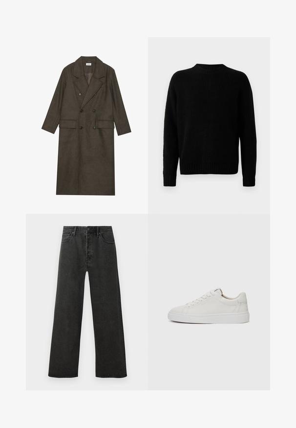 Dlhý kabát s dvojitým zapínaním v tmavo hnedej vlnenej zmesi, s klopeným golierom, dvoma prednými vreckami a čiernymi gombíkmi. Hladká textúra.; Čierny pletený sveter s rebrovanou textúrou, okrúhlym výstrihom a dlhými rukávmi. Jednoduchý dizajn; žiadne ďalšie vzory alebo akcenty.; Čierne džíny s vysokým pásom, rovného strihu, so zapínaním na predný gombík a zips, a s dizajnom piatich vreciek na bielom pozadí.; Biele kožené tenisky nízkoprofilového strihu s okrúhlou špičkou, plochou bielou gumovou podrážkou a minimalistickými detailmi šitia. Šnúrky zaistené cez šesť očiek.