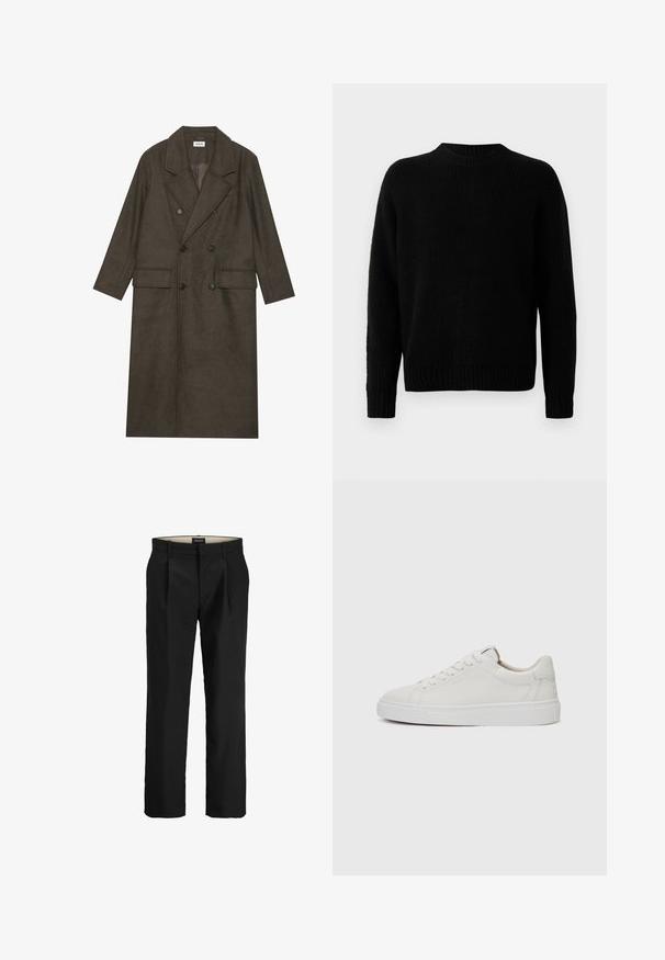 Double-breasted long coat in dark brown wool blend, featuring a notched collar, two front pockets, and black buttons. Smooth texture.; Black knitted sweater with a ribbed texture, round neckline, and long sleeves. Simple design; no additional patterns or accents.; Black tailored trousers with a flat front, two side pockets, a smooth texture, and a straight-leg cut. Features belt loops for added style.; White leather low-top sneakers with a round toe, flat white rubber sole, and minimalistic stitching detail. Laces secured through six eyelets.