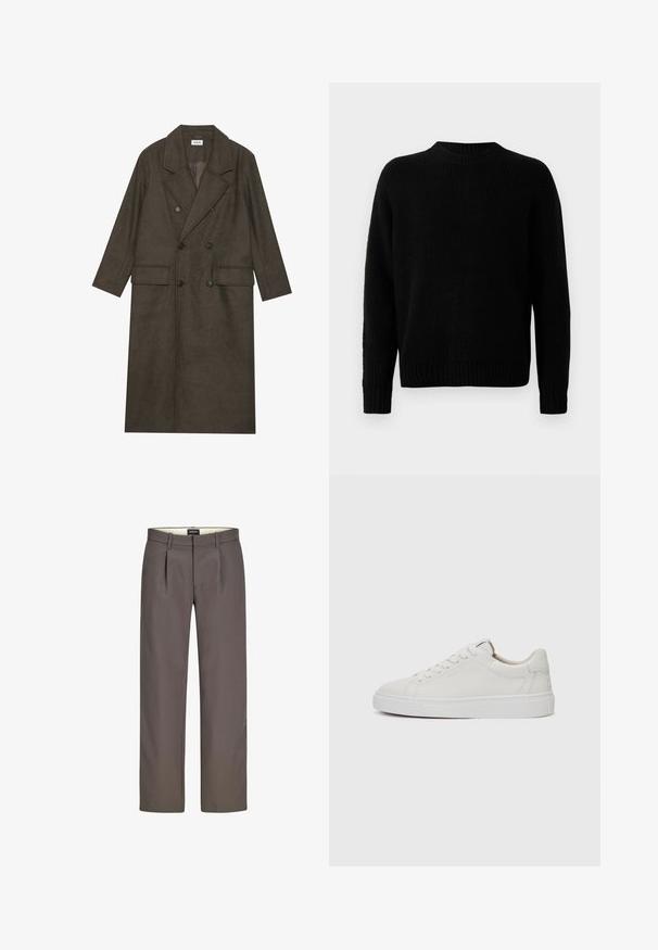 Double-breasted long coat in dark brown wool blend, featuring a notched collar, two front pockets, and black buttons. Smooth texture.; Black knitted sweater with a ribbed texture, round neckline, and long sleeves. Simple design; no additional patterns or accents.; Gray trousers with a straight-leg design, featuring pleats, a zipper fly, and a smooth texture. Internal lining is cream.; White leather low-top sneakers with a round toe, flat white rubber sole, and minimalistic stitching detail. Laces secured through six eyelets.