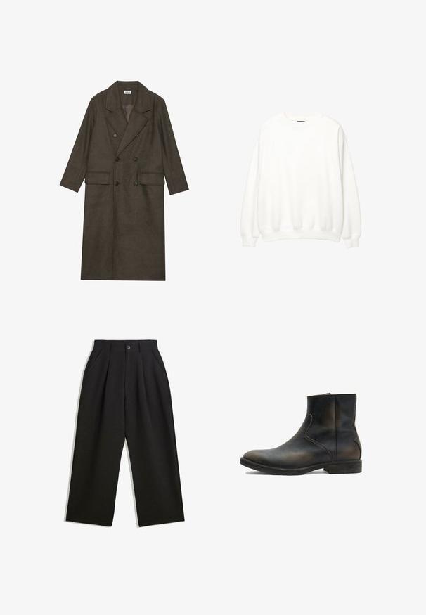 Dobbeltbrystet lang frakke i mørkebrun uldblanding med slået krave, to forlommer og sorte knapper. Glat tekstur.; Hvid sweatshirt, rund hals, lange ærmer, afslappet pasform. Blødt stof med ribbede mansjetter og kant. Minimalistisk design, ingen synlige logoer eller mønstre.; Sorte bukser med en afslappet pasform, der har plisseringer foran, sidelommer og knaplukning. Fremstillet af tekstureret stof.; AllSaints LANG - Støvletter - brown