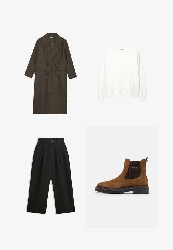 Dlouhý dvouřadý kabát v tmavě hnědé vlněné směsi, s klopovým límcem, dvěma předními kapsami a černými knoflíky. Hladká textura.; Bílá mikina, kulatý výstřih, dlouhé rukávy, volný střih. Měkká látka s žebrovanými manžetami a spodním lemem. Minimalistický design, bez viditelných log a vzorů.; Černé kalhoty s uvolněným střihem, s průhyby v přední části, bočními kapsami a zapínáním na knoflík. Vyrobené z texturované látky.; Hnědé suede kotníkové boty se zaoblenou špičkou a elastickými postranními panely. Obsahují černý strukturovaný akcent a poutko na zadní straně. Černá podrážka.
