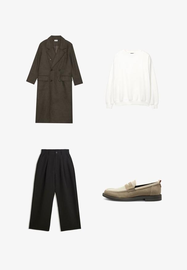 Dwurzędowy długi płaszcz z ciemno-brązowej mieszanki wełny, z wyłogowym kołnierzem, dwiema przednimi kieszeniami i czarnymi guzikami. Gładka tekstura.; Biała bluza, okrągły dekolt, długie rękawy, luźny krój. Miękka tkanina z ściągaczami przy mankietach i dolnym obszyciu. Minimalistyczny design, bez widocznych logo i wzorów.; Czarne spodnie o luźnym kroju, z zakładkami z przodu, kieszeniami po bokach i zapięciem na guzik. Wykonane z fakturowanej tkaniny.; Jasnobrązowe zamszowe mokasyny z siatkową sekcją na cholewce, prostokątnym detalem na wierzchu i teksturowaną gumową podeszwą. Zawierają akcent w kolorze czerwonym.