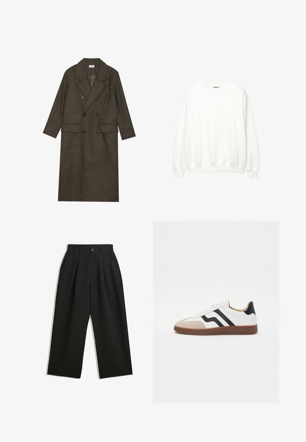 Kétgombos, hosszú kabát sötétbarna gyapjúkeverékből, kiemelkedő gallérral, két elülső zsebbel és fekete gombokkal. Simára csiszolt textúra.; Fehér pulóver, kerek nyakkivágás, hosszú ujjak, laza szabású. Puha anyag ribbelt mandzsettákkal és szegéllyel. Minimalista dizájn, látható logók vagy minták nélkül.; Fekete, lazán szabott nadrág, elöl redőkkel, oldalsó zsebekkel és gombzárral. Texturált anyagból készült.; Fehér sneaker fekete csíkos díszítéssel, velúr orral és barna gumitalppal. Sima bőr felsőrész kerek formával.