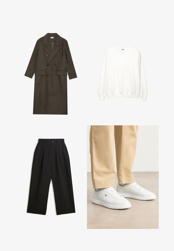 Dubbelzijdige lange jas in donkerbruin wolmengsel, met een geknipt kraag, twee voorzakken en zwarte knopen. Gladde textuur.; Witte sweatshirt, ronde hals, lange mouwen, relaxte pasvorm. Zachte stof met ribbelmanchetten en -zoom. Minimalistisch ontwerp, geen zichtbare logo's of patronen.; Zwarte broeken met een relaxte pasvorm, voorzien van plooien aan de voorzijde, zijzakken en een knoopsluiting. Gemaakt van textiel met structuur.; Witte leren sneakers met een gladde afwerking, voorzien van een ronde neus, vlechtontwerp en subtiele logo-detail aan de zijkant, gecombineerd met beige broek.