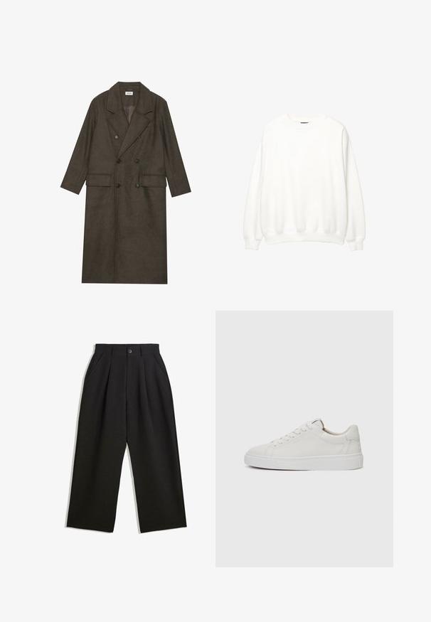 Palton lung cu două rânduri de nasturi dintr-un amestec de lână de culoare maro închis, având un guler cu tăietură, două buzunare frontale și nasturi negri. Textură netedă.; Hanorac alb, cu gât rotund, mâneci lungi, croială lejeră. Material moale cu manșete și tiv ribbed. Design minimalist, fără logo-uri sau modele vizibile.; Pantaloni negri cu o croială lejeră, având pliuri în față, buzunare laterale și închidere cu buton. Fabricat dintr-un material texturat.; Adidași albi din piele, cu vârful rotund, talpă din cauciuc alb plat și detalii de cusătură minimaliste. Șireturile sunt fixate prin șase ochiuri.