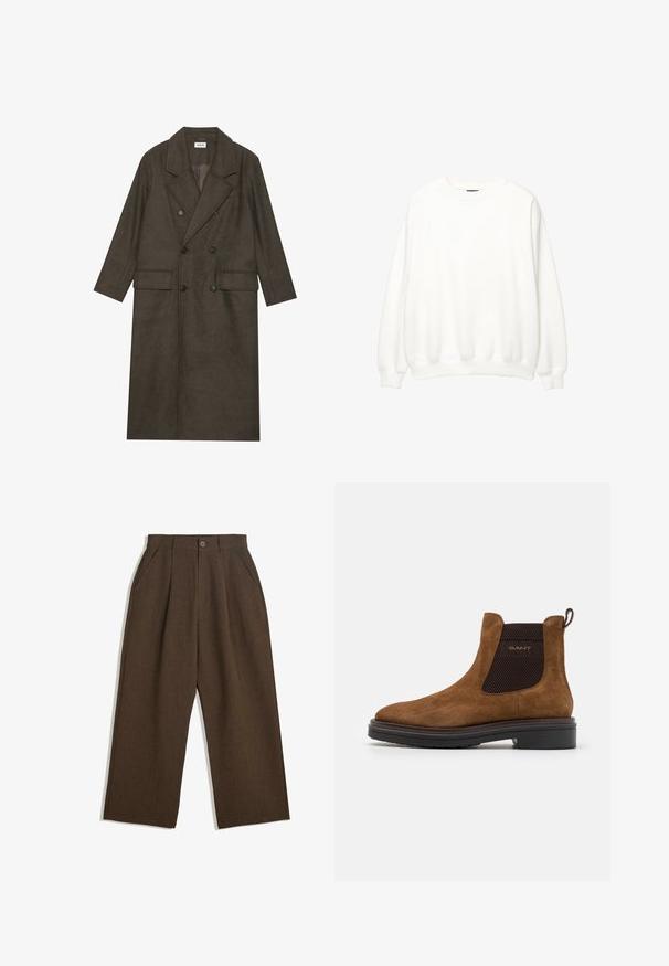 Cappotto lungo doppiopetto in misto lana marrone scuro, con colletto a revers, due tasche frontali e bottoni neri. Texture liscia.; Sweatshirt bianco, collo a giro, maniche lunghe, vestibilità rilassata. Tessuto morbido con polsini e orlo a costine. Design minimalista, senza loghi o motivi visibili.; Pantaloni a pieghe marroni con taglio a gamba larga, dotati di chiusura con bottone e tasche laterali, realizzati in tessuto testurizzato adatto per un abbigliamento casual.; Stivale alla caviglia in suede marrone con punta arrotondata e pannelli elastici laterali. Presenta un accento testurizzato nero e un tassello sul retro. Suola nera.