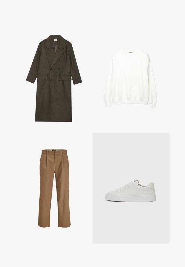 Dubbelzijdige lange jas in donkerbruin wolmengsel, met een geknipt kraag, twee voorzakken en zwarte knopen. Gladde textuur.; Witte sweatshirt, ronde hals, lange mouwen, relaxte pasvorm. Zachte stof met ribbelmanchetten en -zoom. Minimalistisch ontwerp, geen zichtbare logo's of patronen.; Bruine broek van een gladde stof, met een rechte snit, plooien aan de voorkant en ceintuurlussen. Geen zichtbare patronen of accenten.; Witte leren lage sneakers met een ronde neus, platte witte rubberen zool en minimalistische stikseldetails. Veters vastgemaakt via zes oogjes.