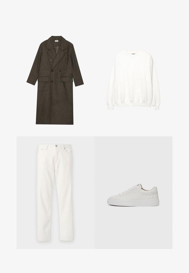 Cappotto lungo doppiopetto in misto lana marrone scuro, con colletto a revers, due tasche frontali e bottoni neri. Texture liscia.; Sweatshirt bianco, collo a giro, maniche lunghe, vestibilità rilassata. Tessuto morbido con polsini e orlo a costine. Design minimalista, senza loghi o motivi visibili.; Jeans in denim bianco con vestibilità dritta, design a cinque tasche, chiusura con zip e bottone, e una texture sottile. Presenta passanti per cintura e cuciture a contrasto.; Sneakers bianchi in pelle, modello low-top, con punta rotonda, suola piatta in gomma bianca e dettagli di cucitura minimalista. Lacci fissati attraverso sei occhielli.