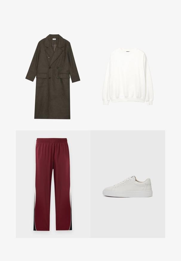 Double-breasted long coat in dark brown wool blend, featuring a notched collar, two front pockets, and black buttons. Smooth texture.; White sweatshirt, crew neck, long sleeves, relaxed fit. Soft fabric with ribbed cuffs and hem. Minimalist design, no visible logos or patterns.; Maroon athletic pants with an elastic waistband, contrasting white side stripes, and black accents. Made from a smooth, lightweight fabric.; White leather low-top sneakers with a round toe, flat white rubber sole, and minimalistic stitching detail. Laces secured through six eyelets.