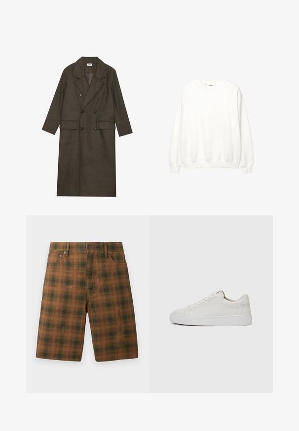 Cappotto lungo doppiopetto in misto lana marrone scuro, con colletto a revers, due tasche frontali e bottoni neri. Texture liscia.; Sweatshirt bianco, collo a giro, maniche lunghe, vestibilità rilassata. Tessuto morbido con polsini e orlo a costine. Design minimalista, senza loghi o motivi visibili.; Pantaloni corti a quadri marroni con un motivo testurizzato, caratterizzati da una vestibilità classica, cinque tasche e hardware in metallo in vita.; Sneakers bianchi in pelle, modello low-top, con punta rotonda, suola piatta in gomma bianca e dettagli di cucitura minimalista. Lacci fissati attraverso sei occhielli.