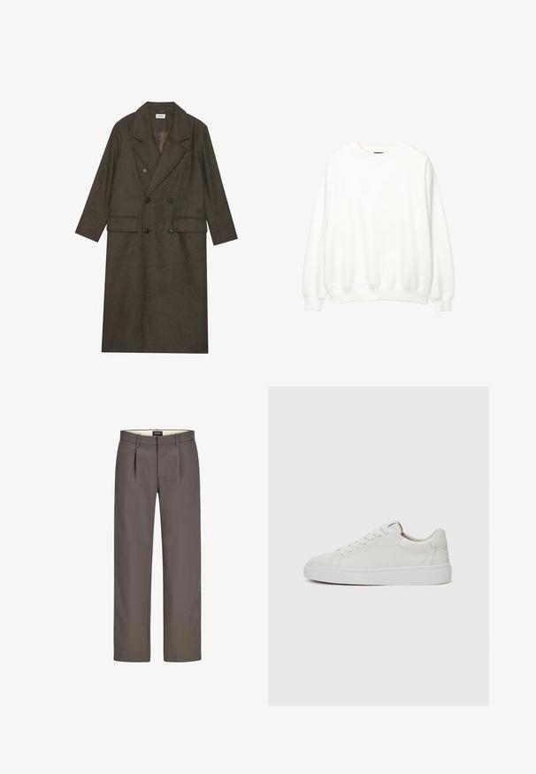 Cappotto lungo doppiopetto in misto lana marrone scuro, con colletto a revers, due tasche frontali e bottoni neri. Texture liscia.; Sweatshirt bianco, collo a giro, maniche lunghe, vestibilità rilassata. Tessuto morbido con polsini e orlo a costine. Design minimalista, senza loghi o motivi visibili.; Pantaloni grigi con un design a gamba dritta, dotati di pieghe, pattina con zip e una texture liscia. La fodera interna è color crema.; Sneakers bianchi in pelle, modello low-top, con punta rotonda, suola piatta in gomma bianca e dettagli di cucitura minimalista. Lacci fissati attraverso sei occhielli.