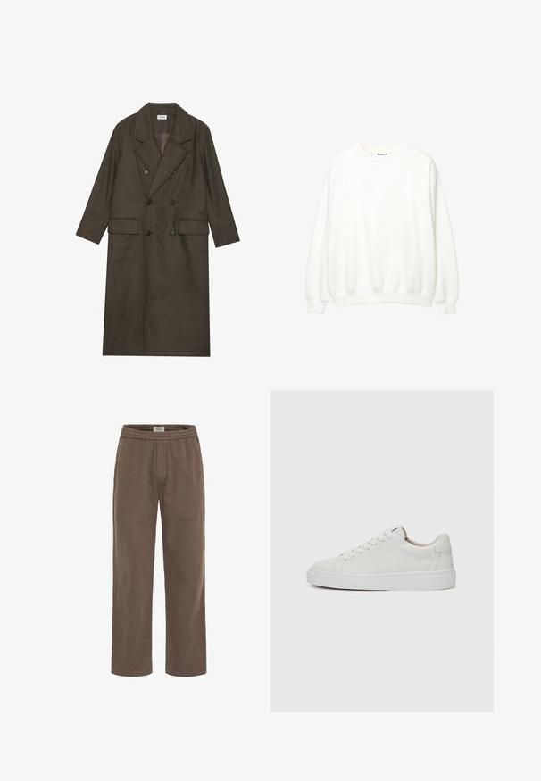Cappotto lungo doppiopetto in misto lana marrone scuro, con colletto a revers, due tasche frontali e bottoni neri. Texture liscia.; Sweatshirt bianco, collo a giro, maniche lunghe, vestibilità rilassata. Tessuto morbido con polsini e orlo a costine. Design minimalista, senza loghi o motivi visibili.; Pantaloni marroni, leggeri, in cotone con vita elasticizzata, taglio dritto, senza tasche visibili o decorazioni.; Sneakers bianchi in pelle, modello low-top, con punta rotonda, suola piatta in gomma bianca e dettagli di cucitura minimalista. Lacci fissati attraverso sei occhielli.