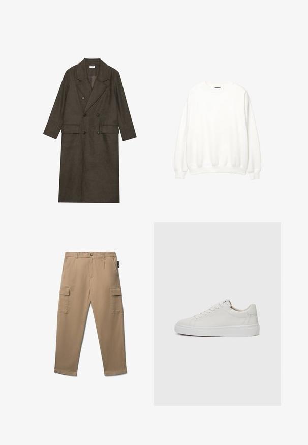 Doppelt gepolsterter langer Mantel aus dunkelbraunem Wollgemisch, mit einem Reverskragen, zwei Vorderaschen und schwarzen Knöpfen. Glatte Textur.; Weißer Sweatshirt, Rundhalsausschnitt, lange Ärmel, lockere Passform. Weicher Stoff mit gerippten Bündchen und Saum. Minimalistisches Design, keine sichtbaren Logos oder Muster.; Beige Cargo-Hosen mit geradem Schnitt, mehreren Seiten- und Vordertaschen sowie einer glatten, strapazierfähigen Stofftextur.; Weiße Leder-Sneaker im Low-Top-Stil mit runder Zehenform, flacher weißer Gummisohle und minimalistischen Steppnähten. Schnürsenkel sind durch sechs Ösen gesichert.