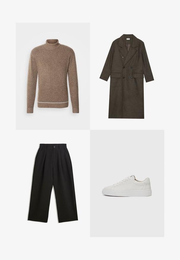 Dvogubni dugi kaput od tamnosmešane vune, s izrezanim ovratnikom, dvama prednjim džepovima i crnim dugmadi. Glatka tekstura.; INDICODE JEANS Vesta - otter; Crne hlače opuštenog kroja, sa plisama sprijeda, bočnim džepovima i gumbom za zatvaranje. Izrađene od teksturirane tkanine.; Bijele kožne niske tenisice s okruglim vrhom, ravnim bijelim gumenim potplatom i minimalističkim detaljima šavova. Pertle osigurane kroz šest rupica.