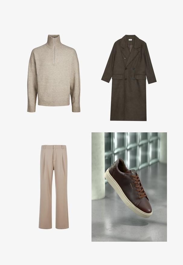 Dwurzędowy długi płaszcz z ciemno-brązowej mieszanki wełny, z wyłogowym kołnierzem, dwiema przednimi kieszeniami i czarnymi guzikami. Gładka tekstura.; Jack & Jones JOROLLIE beżowy; Beżowe spodnie plisowane wykonane z gładkiego materiału, ze prostymi nogawkami, z zapięciem na guzik i subtelnymi detalami w szwie.; Brązowe skórzane trampki z zaokrąglonym noskiem, brązowymi sznurówkami i beżową gumową podeszwą. Posiadają minimalne logo z boku.