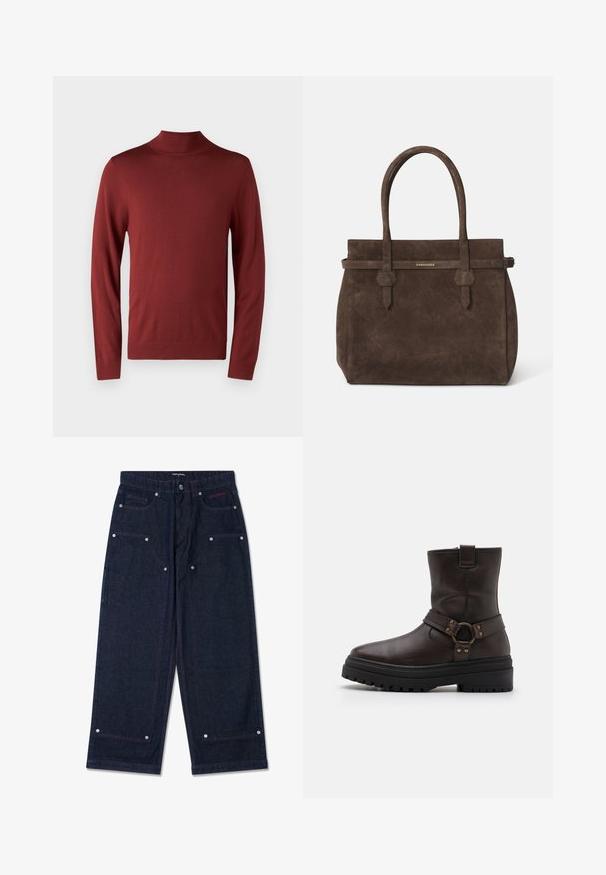 Doppelt gepolsterter langer Mantel aus dunkelbraunem Wollgemisch, mit einem Reverskragen, zwei Vorderaschen und schwarzen Knöpfen. Glatte Textur.; Roter Rollkragenpullover aus weichem Strickstoff, mit langen Ärmeln, gerippten Bündchen und Kragen sowie einer glatten, gleichmäßigen Textur.; Dunkelblaue weit geschnittene Jeanshose mit zwei vorderen Taschen, silbernen Hardware-Details und kontrastierendem roten Nähten. Sie verfügt über einen Knopfverschluss und ein Markenlogo.; Braune Leder-Stiefelette mit quadratischer Zehenform, Schnallenakzenten und einer dicken schwarzen Sohle. Verfügt über einen seitlichen Reißverschluss und eine strukturierte Oberfläche.; Dunkelbraune Wildledertasche mit doppelten Griffen und einem horizontalen Riemen, der mit einem kleinen goldenen DSQUARED2-Logo-Plakette versehen ist.