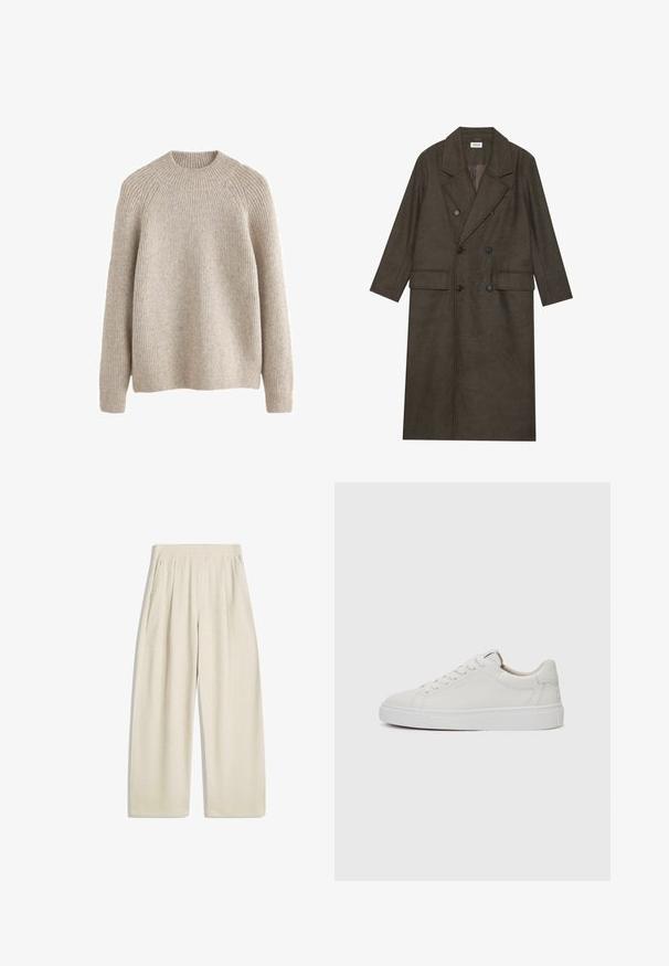 Doppelt gepolsterter langer Mantel aus dunkelbraunem Wollgemisch, mit einem Reverskragen, zwei Vorderaschen und schwarzen Knöpfen. Glatte Textur.; Helles beige, geripptes Sweatshirt mit hohem, rundem Kragen und langen Ärmeln. Weiche Textur und entspannter Schnitt, mit Raglan-Ärmeln.; Weit geschnittene Hosen in einem hellbeigen Farbton, mit vertikaler Rippstruktur, gefältelten Details am Bund und Seitentaschen.; Weiße Leder-Sneaker im Low-Top-Stil mit runder Zehenform, flacher weißer Gummisohle und minimalistischen Steppnähten. Schnürsenkel sind durch sechs Ösen gesichert.