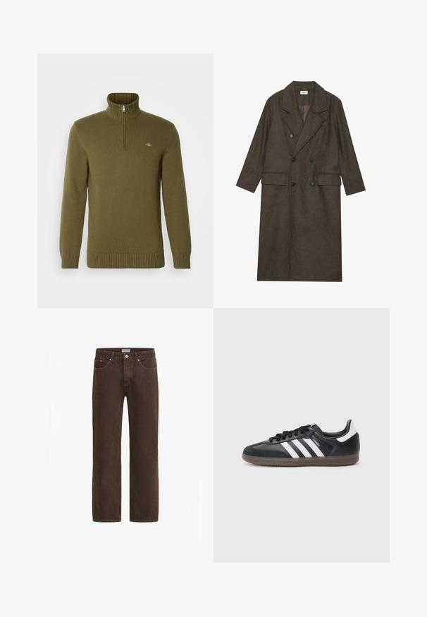 Tumepruun viljasegu topeltkooler, millel on nurgeline krae, kaks esist taskut ja mustad nööbid. Sile tekstuur.; GANT CASUAL HALF ZIP - Džemper - juniper green; Pruun denimist teksapüksid sirge sääre lõikega, viie tasku disainiga ja metallist detailidega. Omavad nööpidega sulgemist ja bränditud vööd.; Must musta ülemine osa valgete kolme triibuga disainiga, tekstuuriga haardepind ja mustad paelad. Madala lõikega spordiafriik.