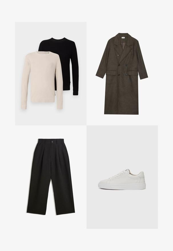Dubbelzijdige lange jas in donkerbruin wolmengsel, met een geknipt kraag, twee voorzakken en zwarte knopen. Gladde textuur.; Twee geribde truien: één beige en één zwart. Beide hebben lange mouwen en ronde kragen, met zichtbare textuurpatronen.; Zwarte broeken met een relaxte pasvorm, voorzien van plooien aan de voorzijde, zijzakken en een knoopsluiting. Gemaakt van textiel met structuur.; Witte leren lage sneakers met een ronde neus, platte witte rubberen zool en minimalistische stikseldetails. Veters vastgemaakt via zes oogjes.
