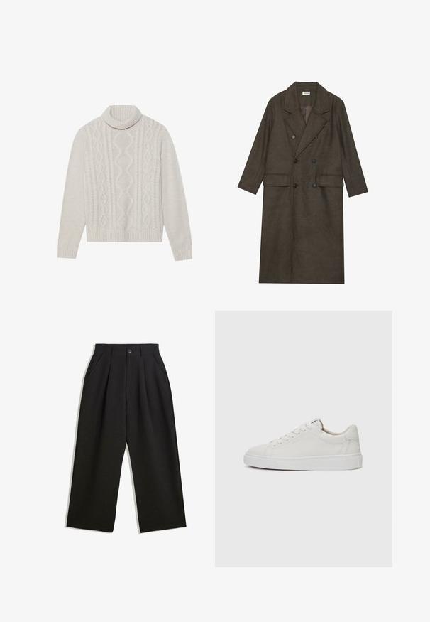 Manteau long à double boutonnage en mélange de laine brun foncé, avec un col à revers, deux poches avant et des boutons noirs. Texture lisse.; Pull en maille torsadée couleur crémeux avec un col haut à côtes, présentant un motif texturé et des poignets et un ourlet côtelés. Matière douce en mélange de laine.; Pantalons noirs à coupe décontractée, avec des plis à l'avant, des poches latérales et une fermeture à bouton. Fabriqués en tissu texturé.; Baskets blanches en cuir, à tige basse, avec un bout rond, une semelle en caoutchouc blanc plate et des détails de couture minimalistes. Lacets maintenus par six œillets.